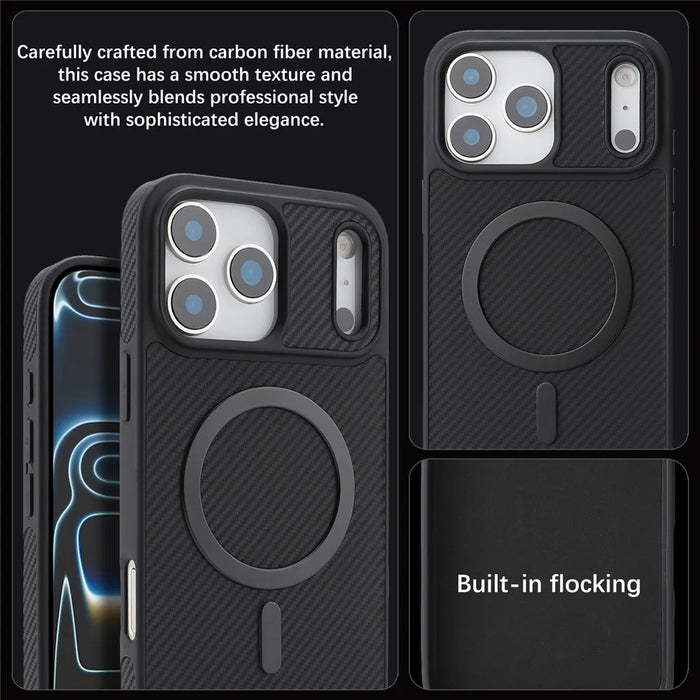 For iPhone 17 Pro Max Case Carbon Fiber Texture PU TPU Drop-proof Phone Back Cover with Non-Magnetic Metal Ring - Black - 6