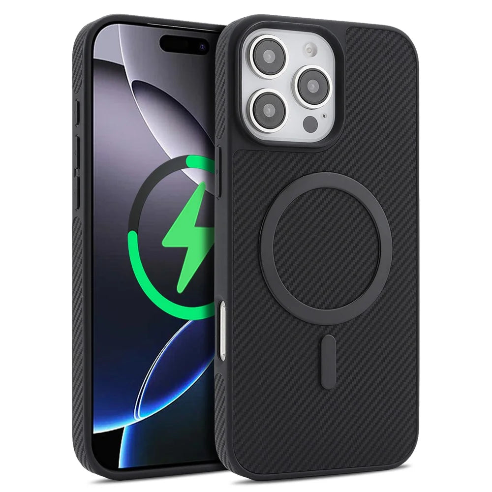 For iPhone 16 Pro Case Carbon Fiber Texture PU TPU Drop-proof Phone Back Cover with Non-Magnetic Metal Ring - Black - 1
