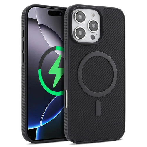 For iPhone 16 Pro Case Carbon Fiber Texture PU TPU Drop-proof Phone Back Cover with Non-Magnetic Metal Ring - Black - 1