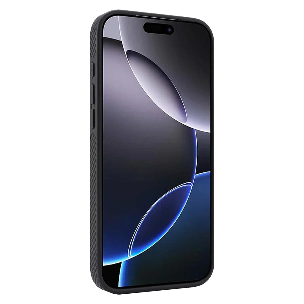 For iPhone 16 Pro Case Carbon Fiber Texture PU TPU Drop-proof Phone Back Cover with Non-Magnetic Metal Ring - Black - 2