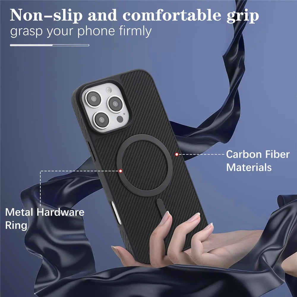 For iPhone 16 Pro Case Carbon Fiber Texture PU TPU Drop-proof Phone Back Cover with Non-Magnetic Metal Ring - Black - 7