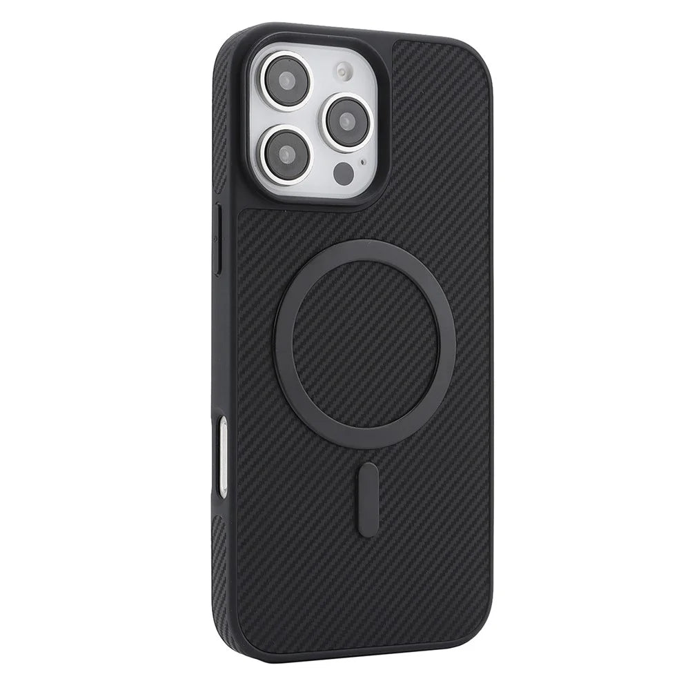 For iPhone 16 Pro Max Case Carbon Fiber Texture PU TPU Drop-proof Phone Back Cover with Non-Magnetic Metal Ring - Black - 3