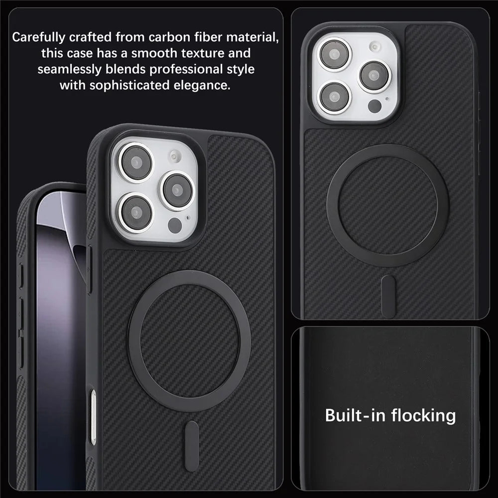 For iPhone 16 Pro Max Case Carbon Fiber Texture PU TPU Drop-proof Phone Back Cover with Non-Magnetic Metal Ring - Black - 5