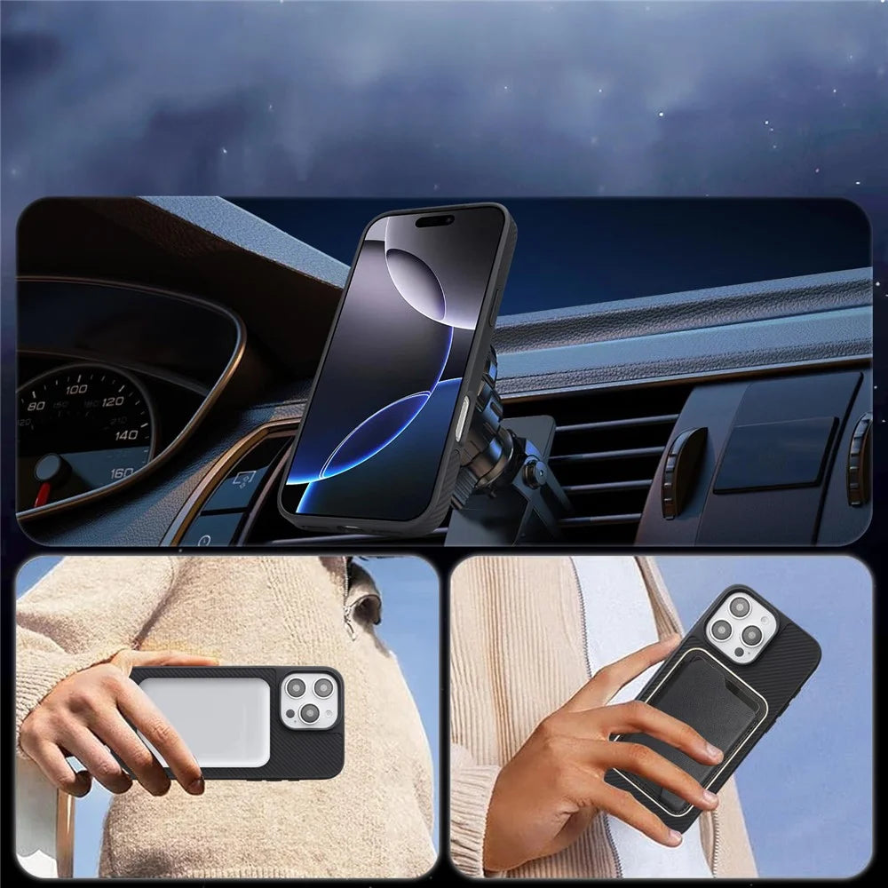 For iPhone 16 Pro Max Case Carbon Fiber Texture PU TPU Drop-proof Phone Back Cover with Non-Magnetic Metal Ring - Black - 6