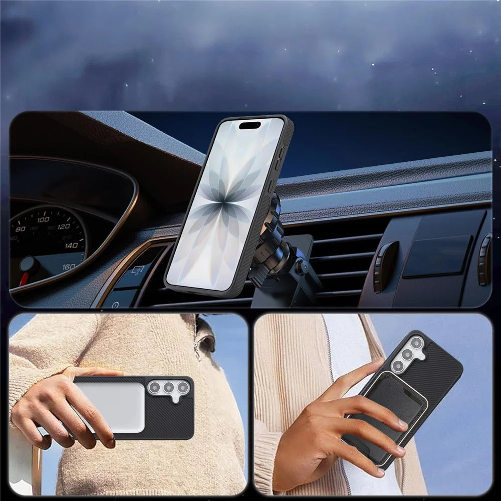 For Samsung Galaxy S26 Case Carbon Fiber Texture PU TPU Drop-proof Phone Back Cover with Non-Magnetic Metal Ring - Black - 6