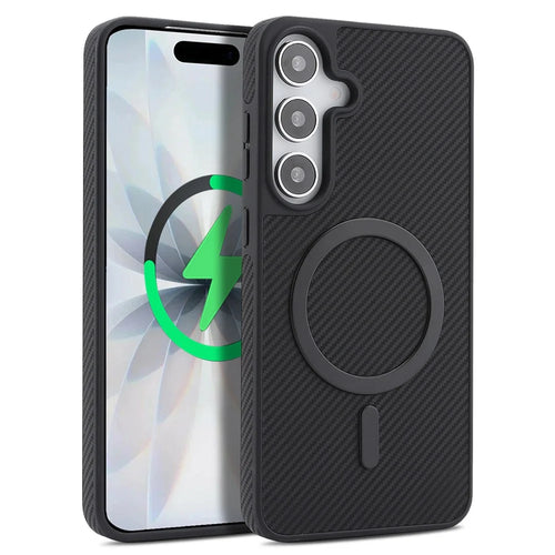 For Samsung Galaxy S26+ Case Carbon Fiber Texture PU TPU Drop-proof Phone Back Cover with Non-Magnetic Metal Ring - Black - 1