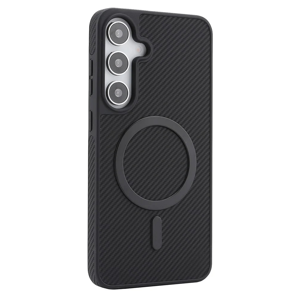 For Samsung Galaxy S26+ Case Carbon Fiber Texture PU TPU Drop-proof Phone Back Cover with Non-Magnetic Metal Ring - Black - 3