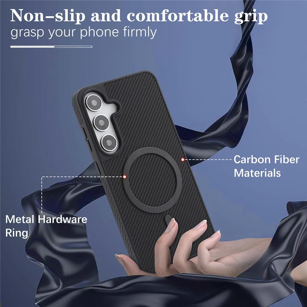 For Samsung Galaxy S26+ Case Carbon Fiber Texture PU TPU Drop-proof Phone Back Cover with Non-Magnetic Metal Ring - Black - 7