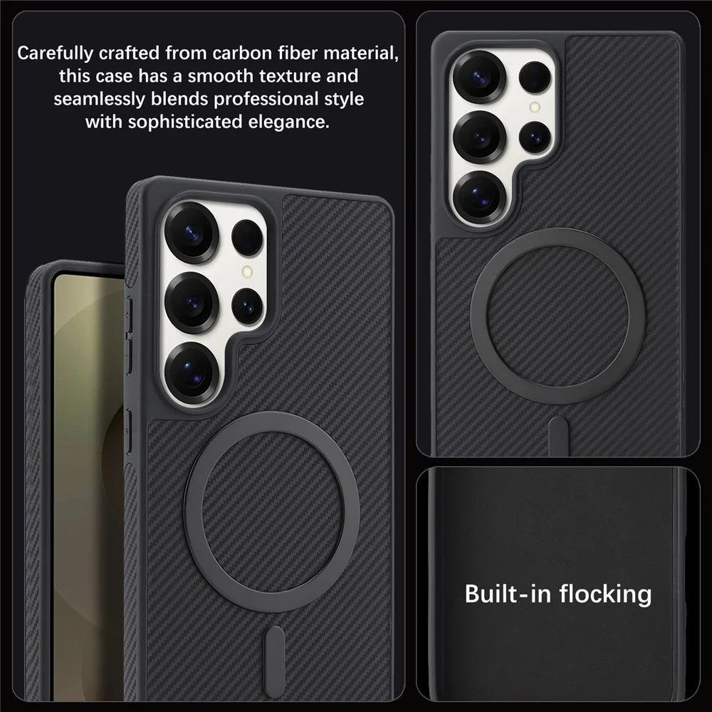 For Samsung Galaxy S26 Ultra Case Carbon Fiber Texture PU TPU Drop-proof Phone Back Cover with Non-Magnetic Metal Ring - Black - 5