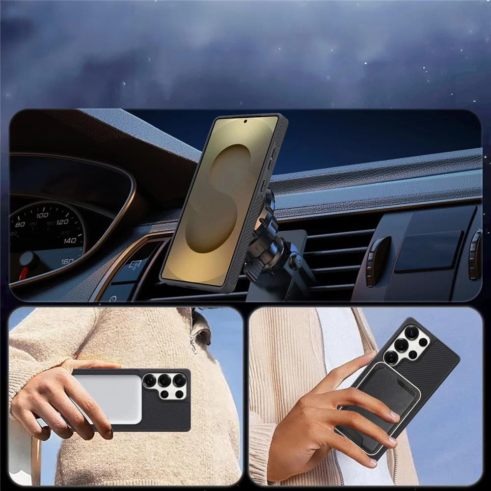 For Samsung Galaxy S26 Ultra Case Carbon Fiber Texture PU TPU Drop-proof Phone Back Cover with Non-Magnetic Metal Ring - Black - 6