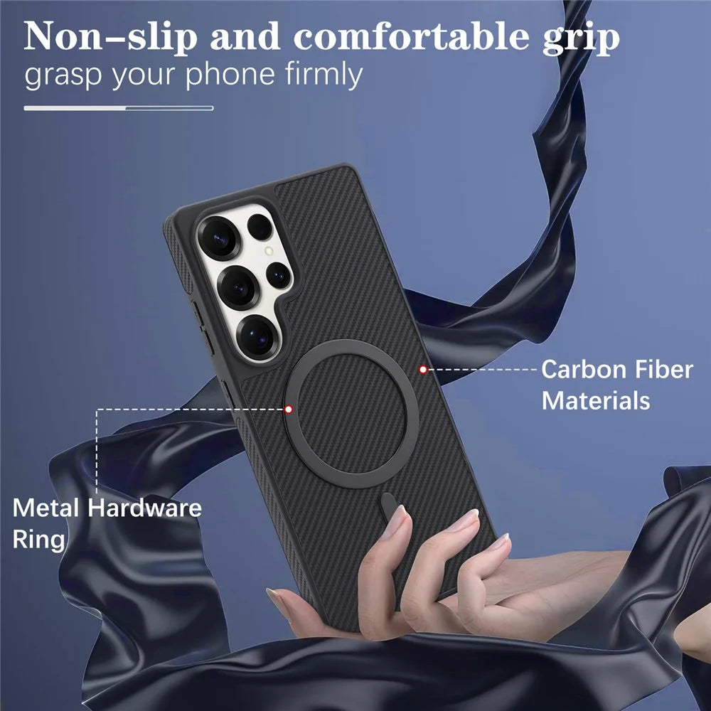 For Samsung Galaxy S26 Ultra Case Carbon Fiber Texture PU TPU Drop-proof Phone Back Cover with Non-Magnetic Metal Ring - Black - 7