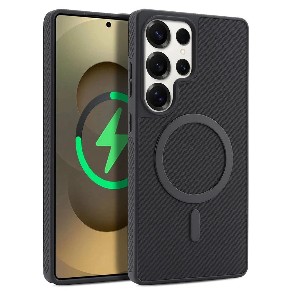 For Samsung Galaxy S25 Ultra Case Carbon Fiber Texture PU TPU Drop-proof Phone Back Cover with Non-Magnetic Metal Ring - Black - 1