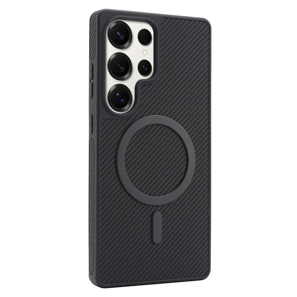For Samsung Galaxy S25 Ultra Case Carbon Fiber Texture PU TPU Drop-proof Phone Back Cover with Non-Magnetic Metal Ring - Black - 3
