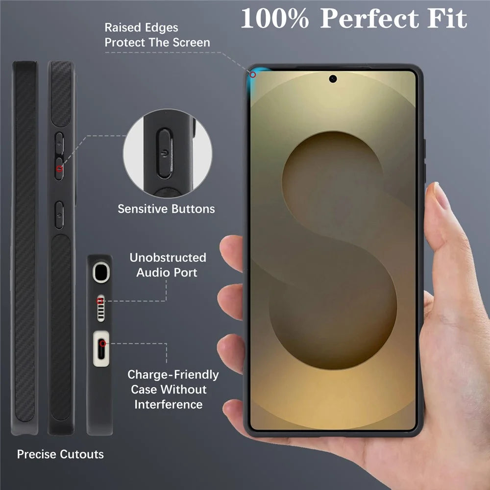 For Samsung Galaxy S25 Ultra Case Carbon Fiber Texture PU TPU Drop-proof Phone Back Cover with Non-Magnetic Metal Ring - Black - 4