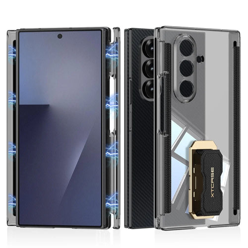 GKK for Samsung Galaxy Z TriFold 5G Case Magnetic Hinge Rotating Kickstand Wristband PC Phone Cover with Tempered Glass Film - Transparent Black - 1