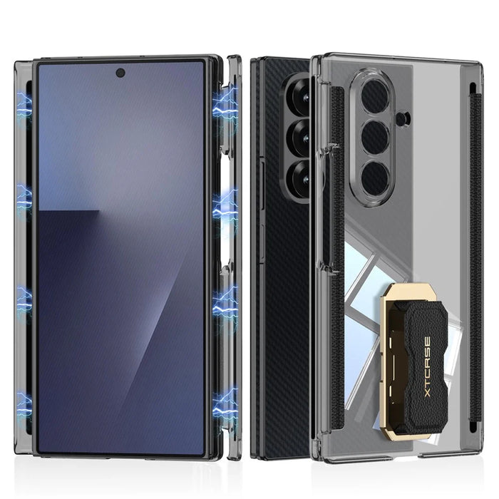 GKK for Samsung Galaxy Z TriFold 5G Case Magnetic Hinge Rotating Kickstand Wristband PC Phone Cover with Tempered Glass Film - Transparent Black - 1