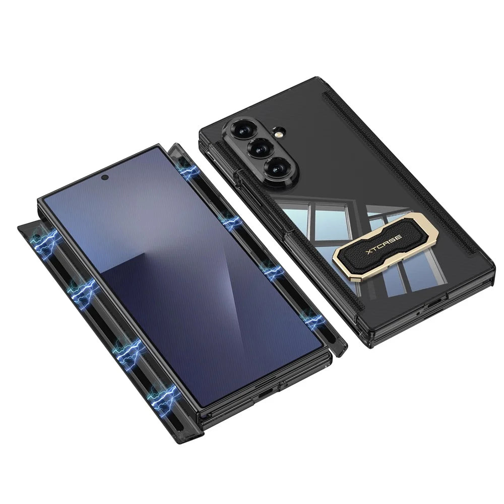 GKK for Samsung Galaxy Z TriFold 5G Case Magnetic Hinge Rotating Kickstand Wristband PC Phone Cover with Tempered Glass Film - Transparent Black - 3