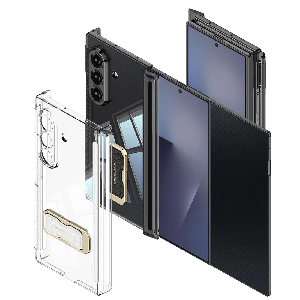 GKK for Samsung Galaxy Z TriFold 5G Case Magnetic Hinge Rotating Kickstand Wristband PC Phone Cover with Tempered Glass Film - Transparent Black - 6