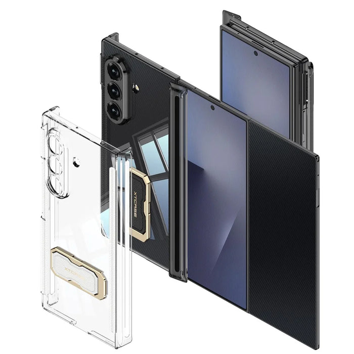 GKK for Samsung Galaxy Z TriFold 5G Case Magnetic Hinge Rotating Kickstand Wristband PC Phone Cover with Tempered Glass Film - Transparent Black - 6