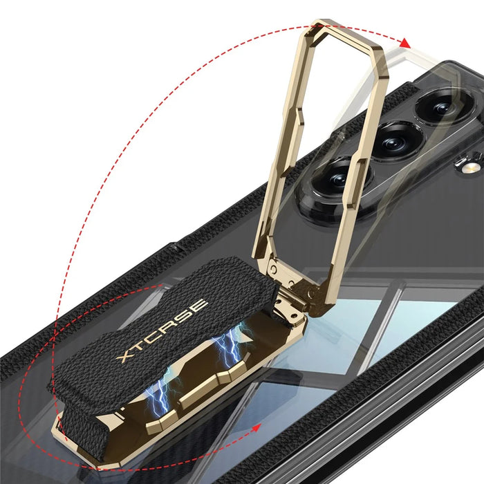 GKK for Samsung Galaxy Z TriFold 5G Case Magnetic Hinge Rotating Kickstand Wristband PC Phone Cover with Tempered Glass Film - Transparent Black - 7