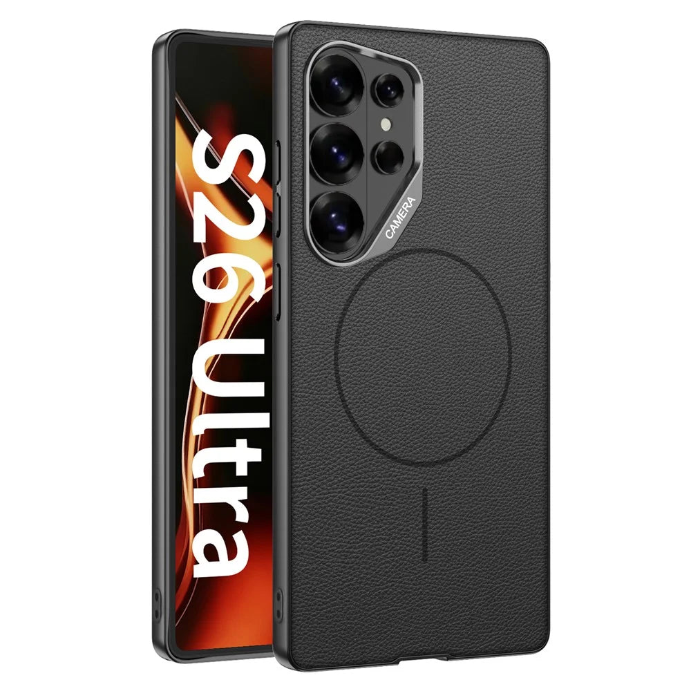 GKK For Samsung Galaxy S26 Ultra Magnetic Case Metal Frame Skin-feel PU Leather Shockproof Phone Cover with Large Cutouts - Black - 1