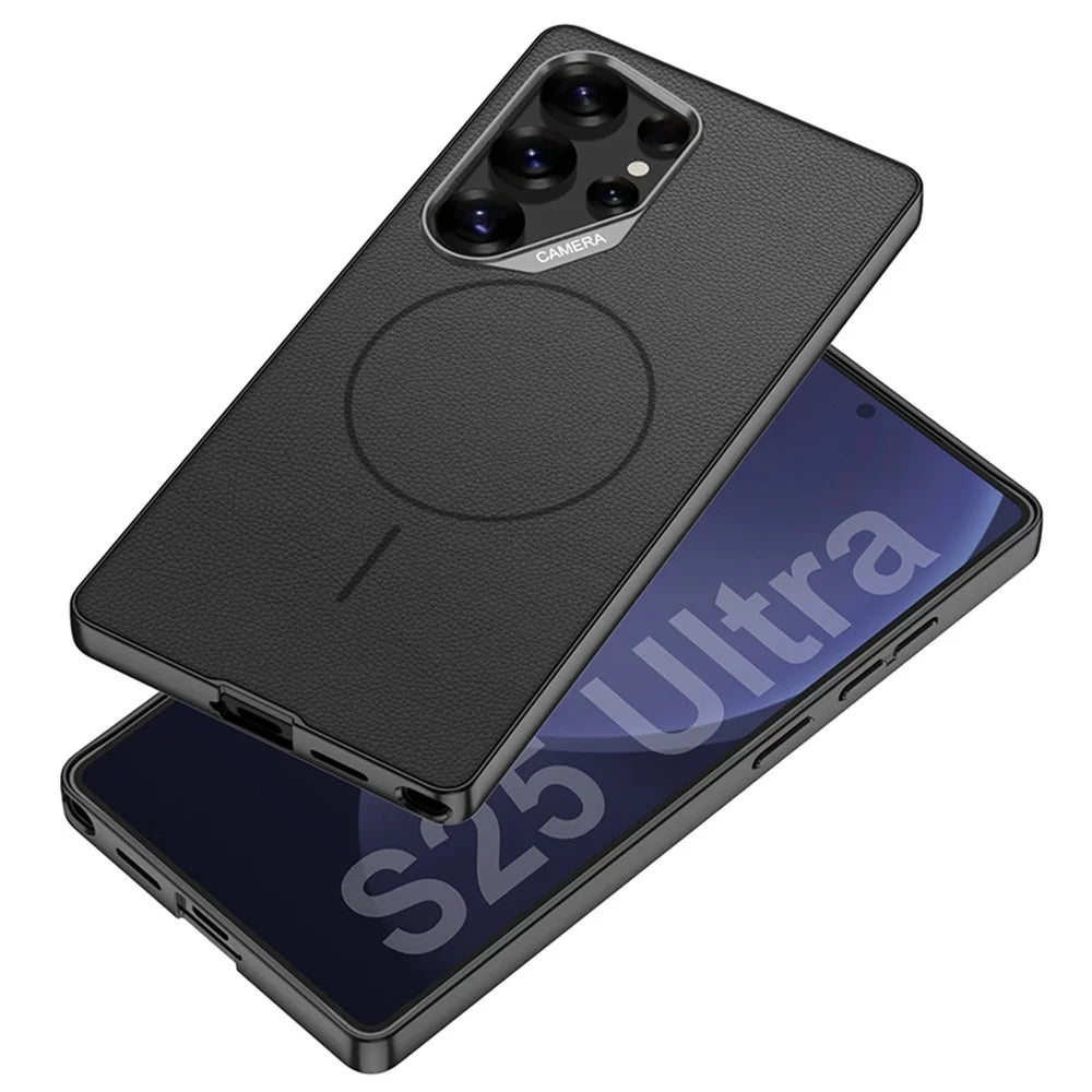 GKK For Samsung Galaxy S25 Ultra Magnetic Case Metal Frame Skin-feel PU Leather Shockproof Phone Cover with Large Cutouts - Black - 2