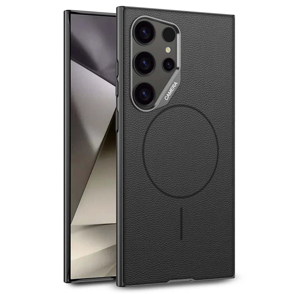 GKK For Samsung Galaxy S24 Ultra Magnetic Case Metal Frame Skin-feel PU Leather Shockproof Phone Cover with Large Cutouts - Black - 1