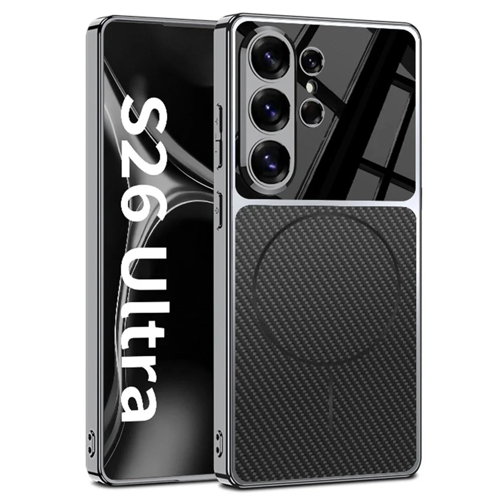 GKK For Samsung Galaxy S26 Ultra Magnetic Case Matte Electroplated Frame Phone Cover - Carbon Fiber Texture - 1