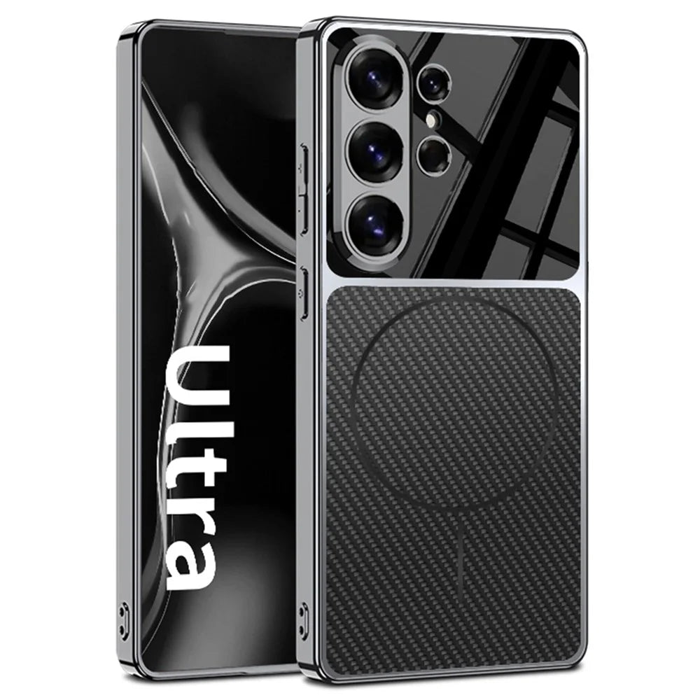GKK For Samsung Galaxy S25 Ultra Magnetic Case Matte Electroplated Frame Phone Cover - Carbon Fiber Texture - 1