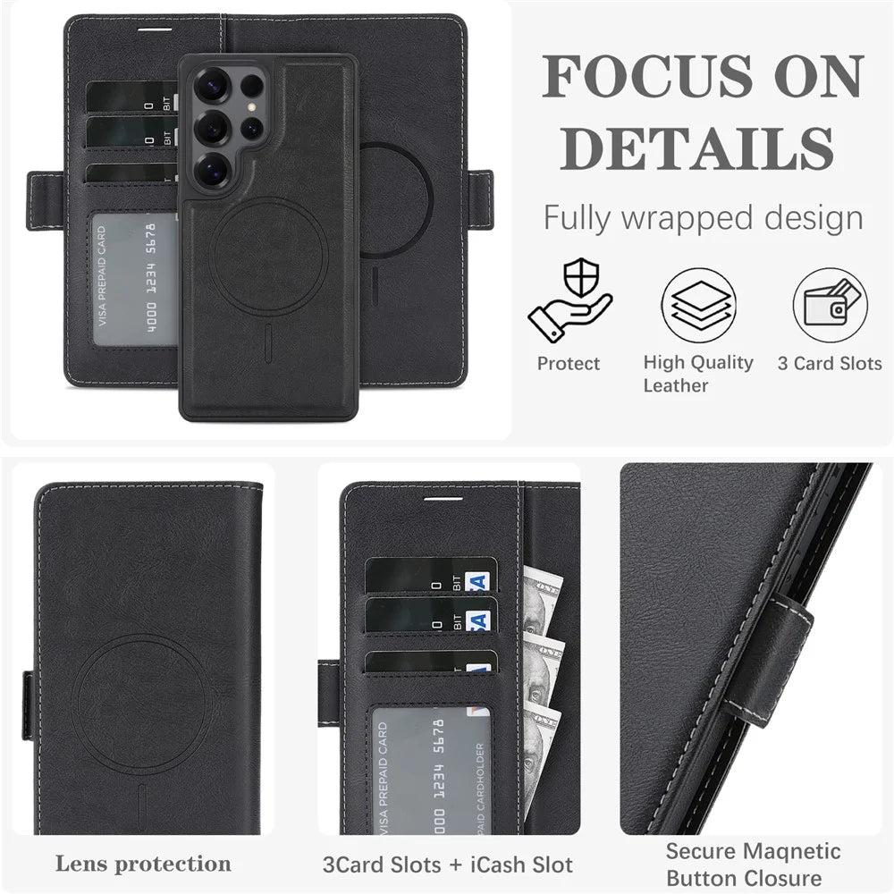 For Samsung Galaxy S26 Ultra Magnetic Phone Case Detachable 2 in 1 Leather Wallet Phone Cover - Black - 5
