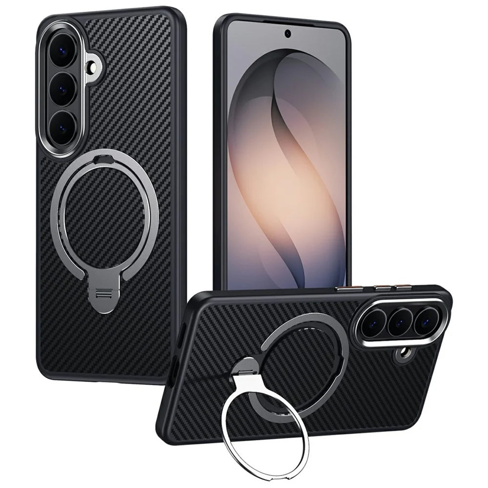 For Samsung Galaxy S26 Magnetic Case PC + TPU Phone Cover Ring Holder Carbon Fiber Texture - Silver - 1