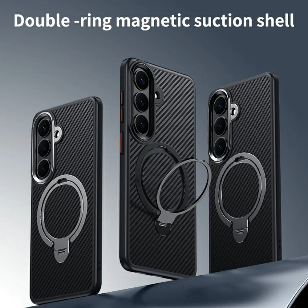 For Samsung Galaxy S26 Magnetic Case PC + TPU Phone Cover Ring Holder Carbon Fiber Texture - Silver - 3