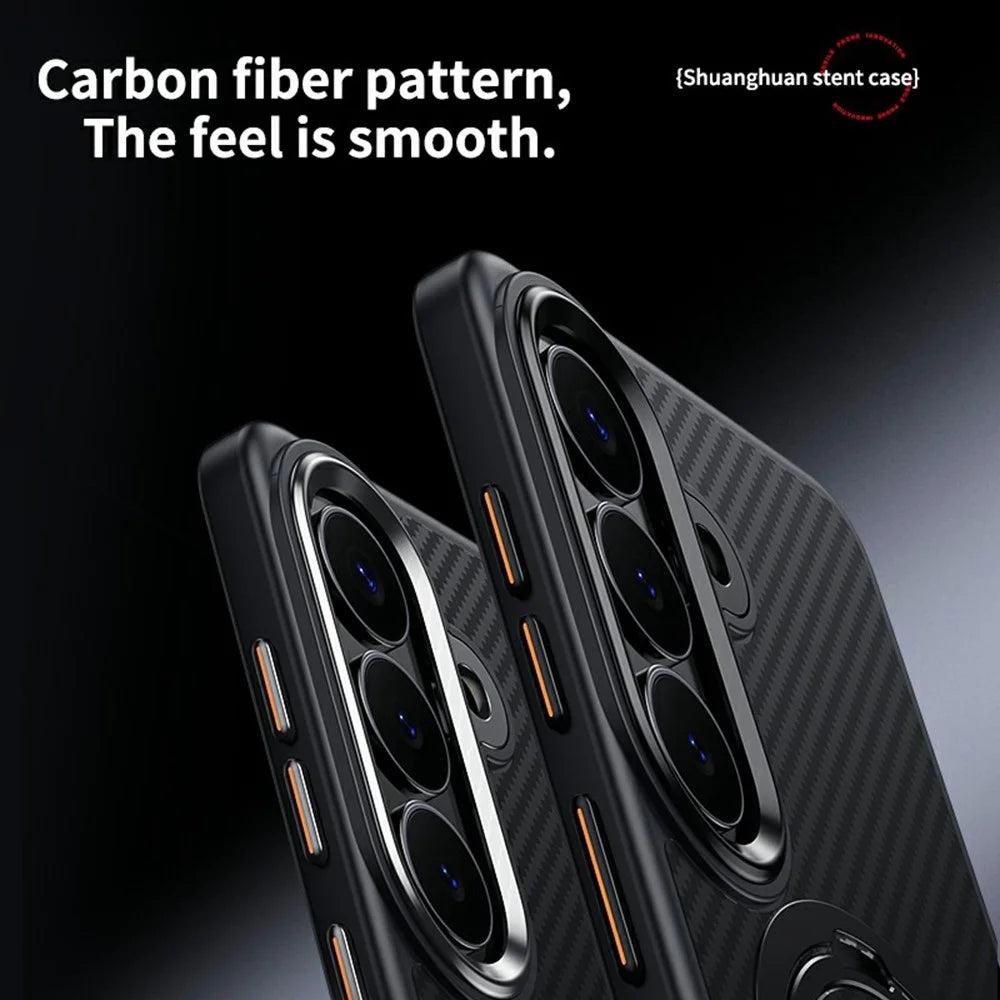For Samsung Galaxy S26 Magnetic Case PC + TPU Phone Cover Ring Holder Carbon Fiber Texture - Silver - 7