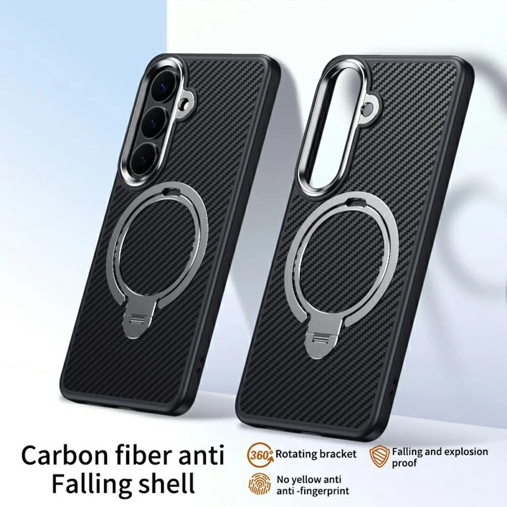 For Samsung Galaxy S26+ Magnetic Case PC + TPU Phone Cover Ring Holder Carbon Fiber Texture - Silver - 2