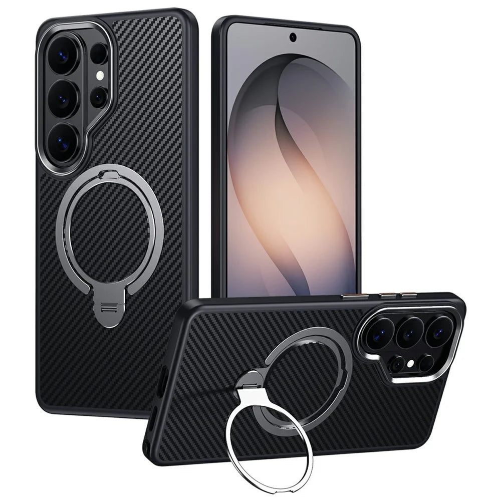 For Samsung Galaxy S26 Ultra Magnetic Case PC + TPU Phone Cover Ring Holder Carbon Fiber Texture  - Silver - 1
