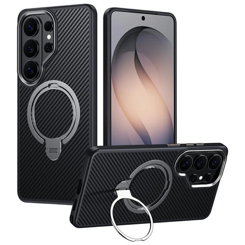 For Samsung Galaxy S26 Ultra Magnetic Case PC + TPU Phone Cover Ring Holder Carbon Fiber Texture  - Silver - 1