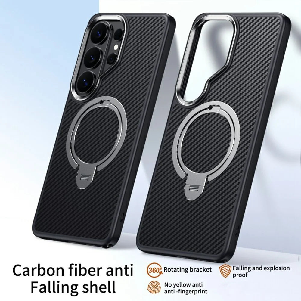 For Samsung Galaxy S26 Ultra Magnetic Case PC + TPU Phone Cover Ring Holder Carbon Fiber Texture  - Silver - 2