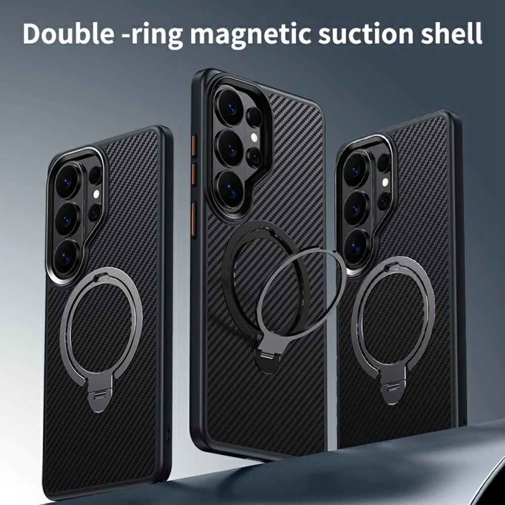 For Samsung Galaxy S26 Ultra Magnetic Case PC + TPU Phone Cover Ring Holder Carbon Fiber Texture  - Silver - 3