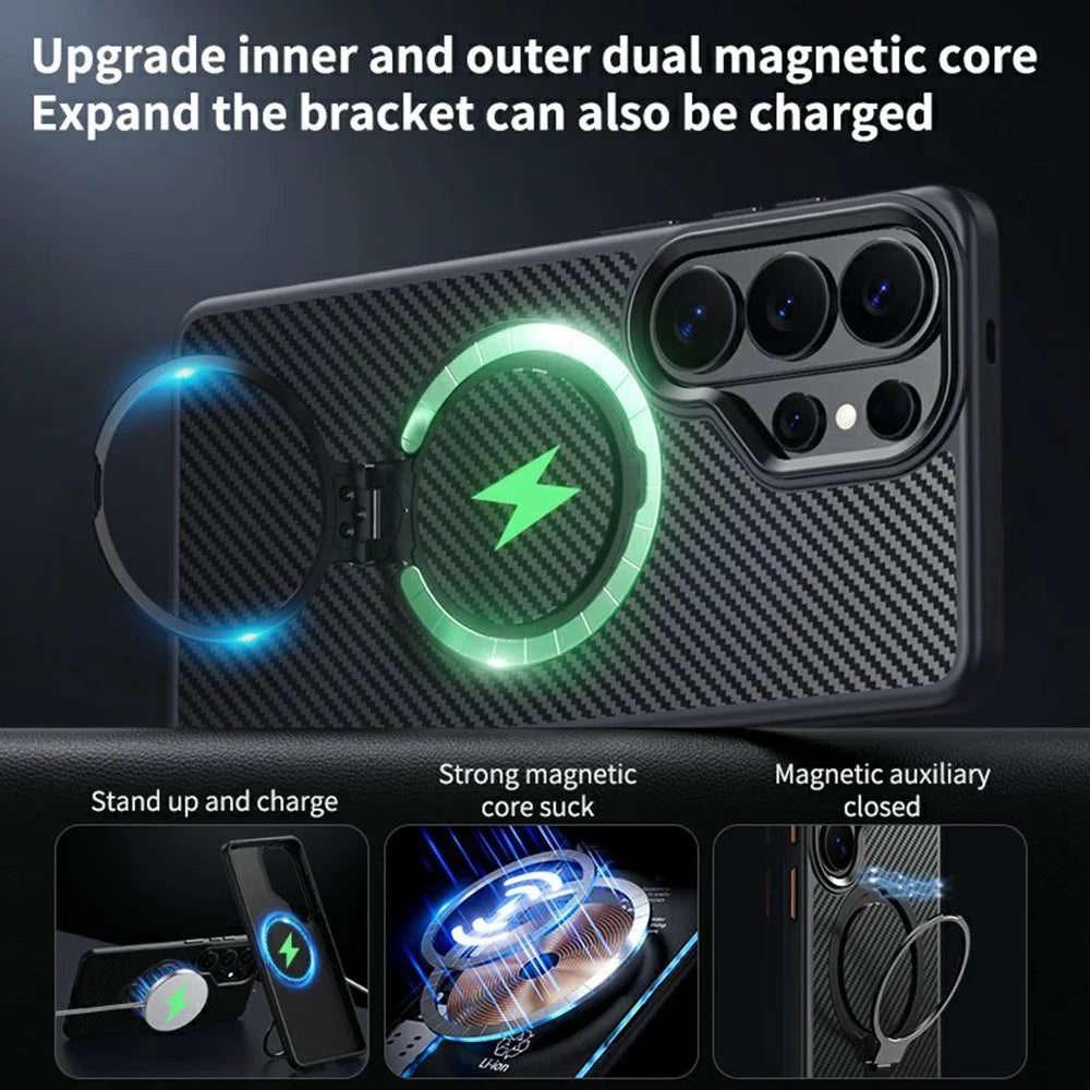 For Samsung Galaxy S26 Ultra Magnetic Case PC + TPU Phone Cover Ring Holder Carbon Fiber Texture  - Silver - 4