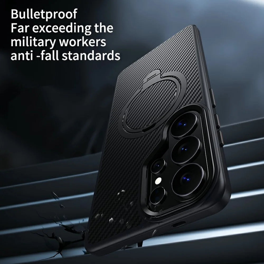 For Samsung Galaxy S26 Ultra Magnetic Case PC + TPU Phone Cover Ring Holder Carbon Fiber Texture  - Silver - 5