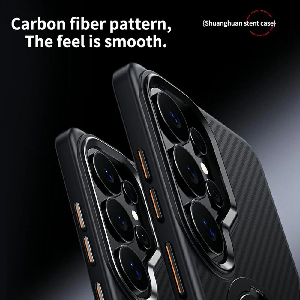 For Samsung Galaxy S26 Ultra Magnetic Case PC + TPU Phone Cover Ring Holder Carbon Fiber Texture  - Silver - 7
