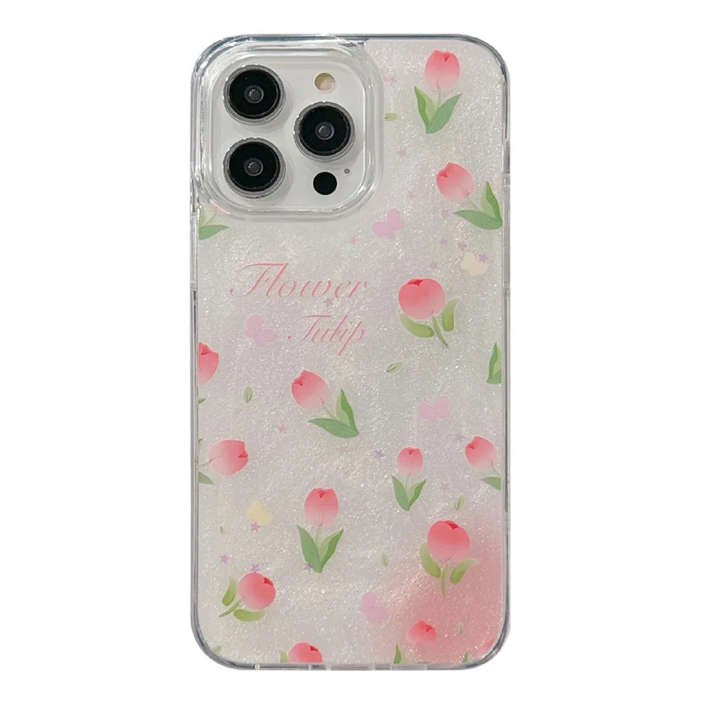 For iPhone 16 Pro Max TPU Case 2.5mm Glitter Epoxy Flower Pattern  Phone Back Cover - Tulip - 1