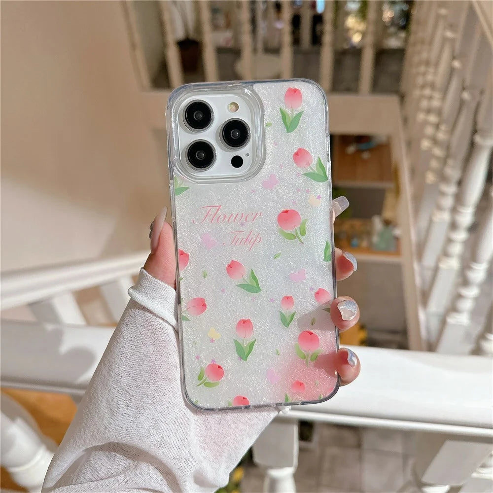 For iPhone 16 Pro Max TPU Case 2.5mm Glitter Epoxy Flower Pattern  Phone Back Cover - Tulip - 2