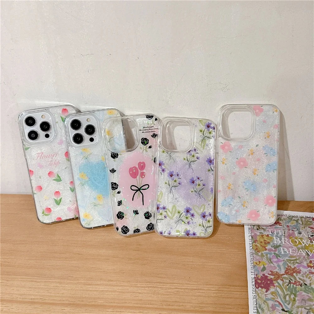 For iPhone 16 Pro Max TPU Case 2.5mm Glitter Epoxy Flower Pattern  Phone Back Cover - Tulip - 7