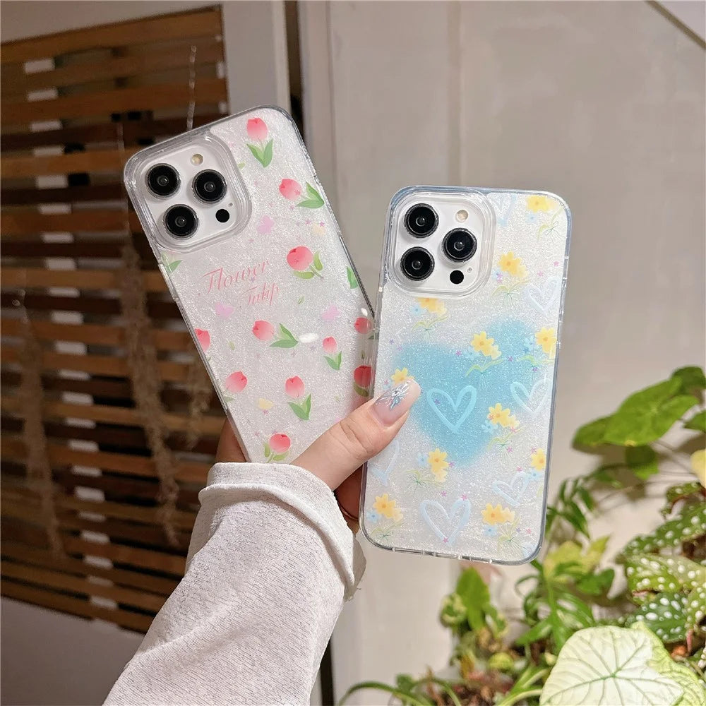 For iPhone 16 Pro TPU Case 2.5mm Glitter Epoxy Flower Pattern  Phone Back Cover - Tulip - 3