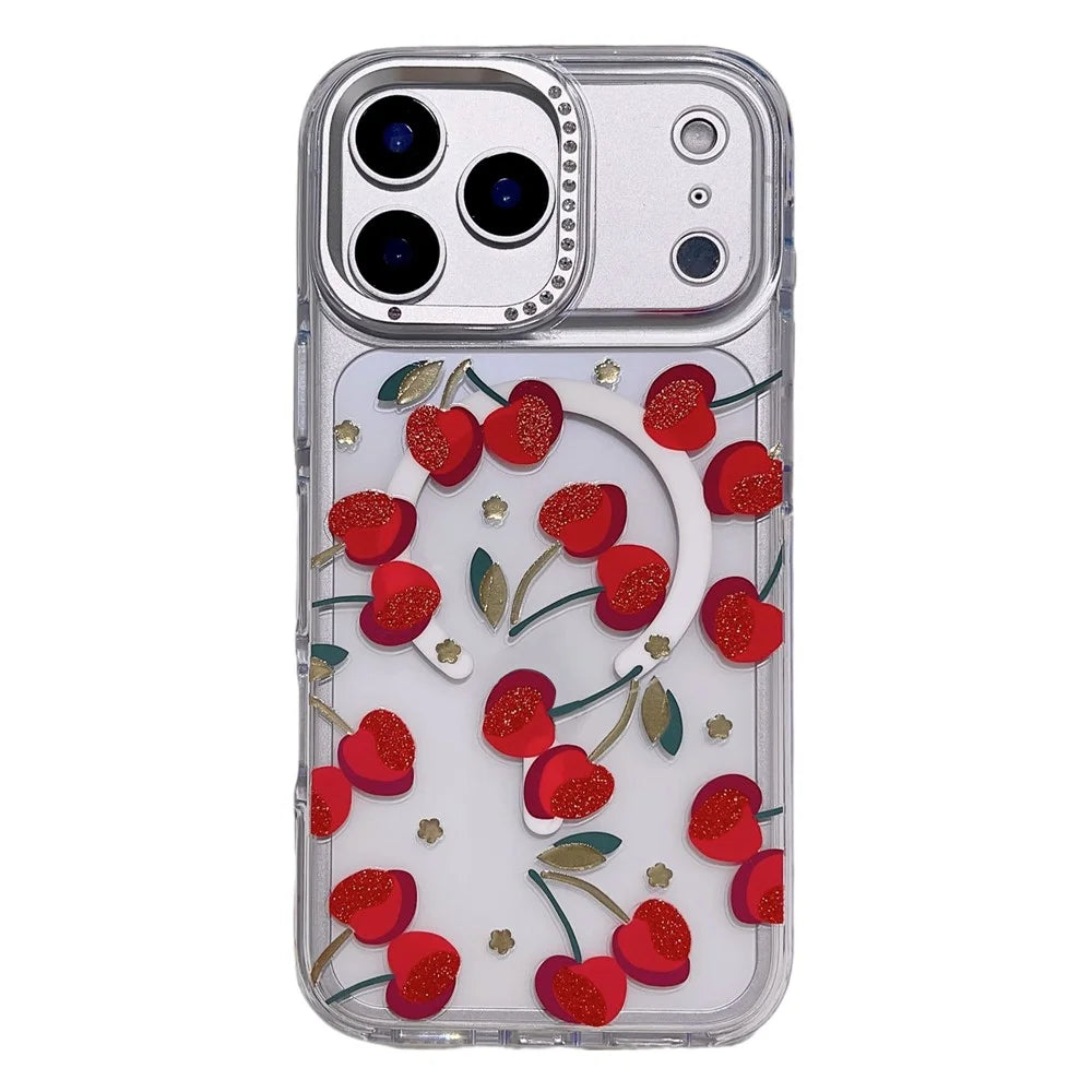 For iPhone 17 Pro Magnetic Case Compatible with MagSafe TPU + PC Bow Flower Phone Cover - Red Cherry - 1