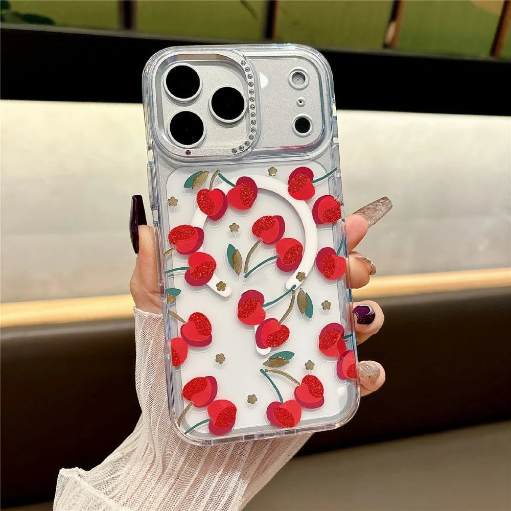For iPhone 17 Pro Magnetic Case Compatible with MagSafe TPU + PC Bow Flower Phone Cover - Red Cherry - 2