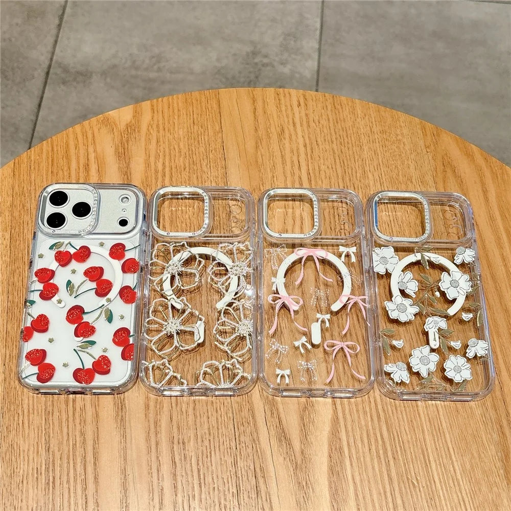 For iPhone 17 Pro Magnetic Case Compatible with MagSafe TPU + PC Bow Flower Phone Cover - Red Cherry - 7