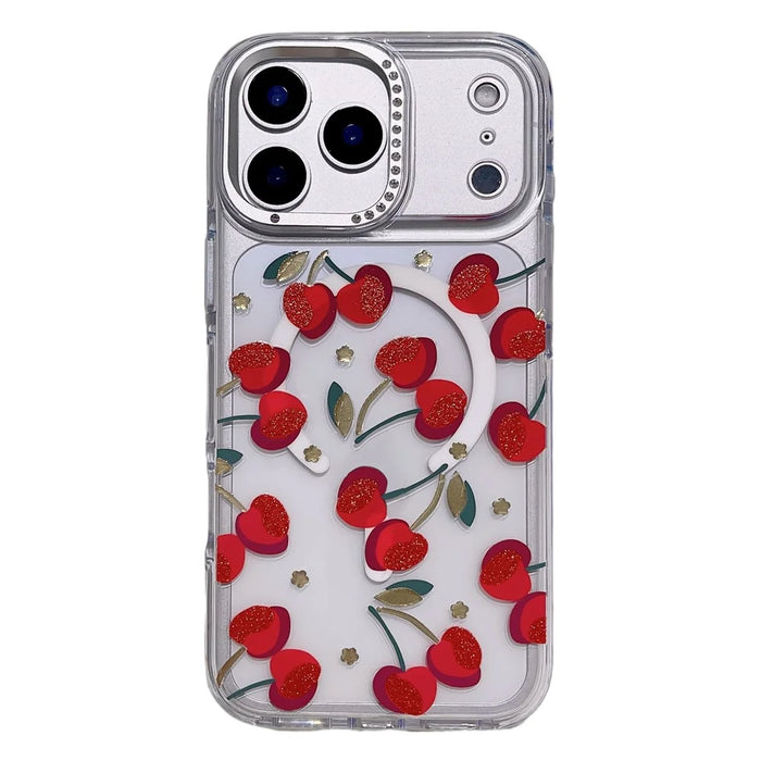 For iPhone 17 Pro Max Magnetic Case Compatible with MagSafe TPU + PC Bow Flower Phone Cover - Red Cherry - 1