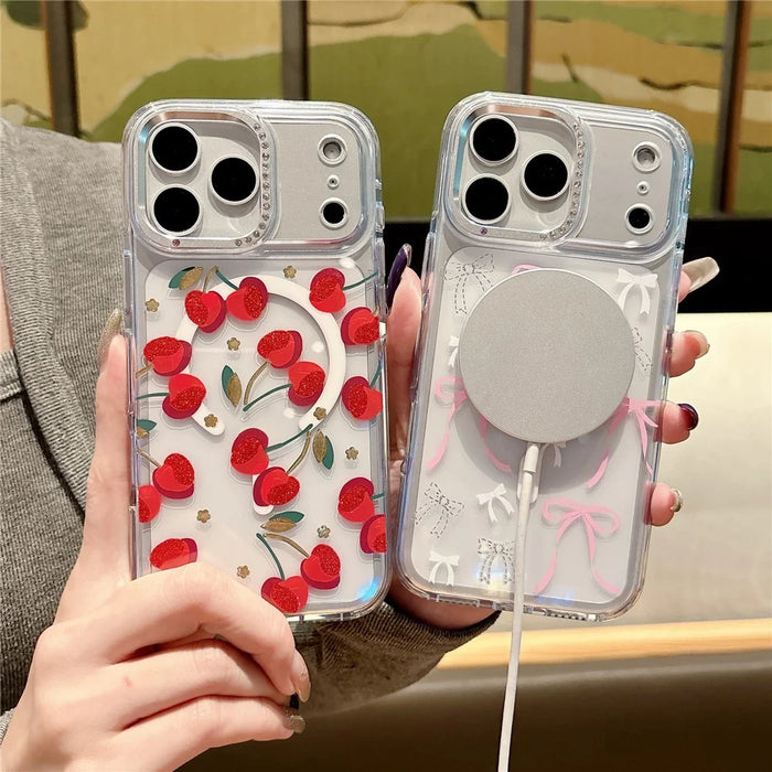 For iPhone 17 Pro Max Magnetic Case Compatible with MagSafe TPU + PC Bow Flower Phone Cover - Red Cherry - 3